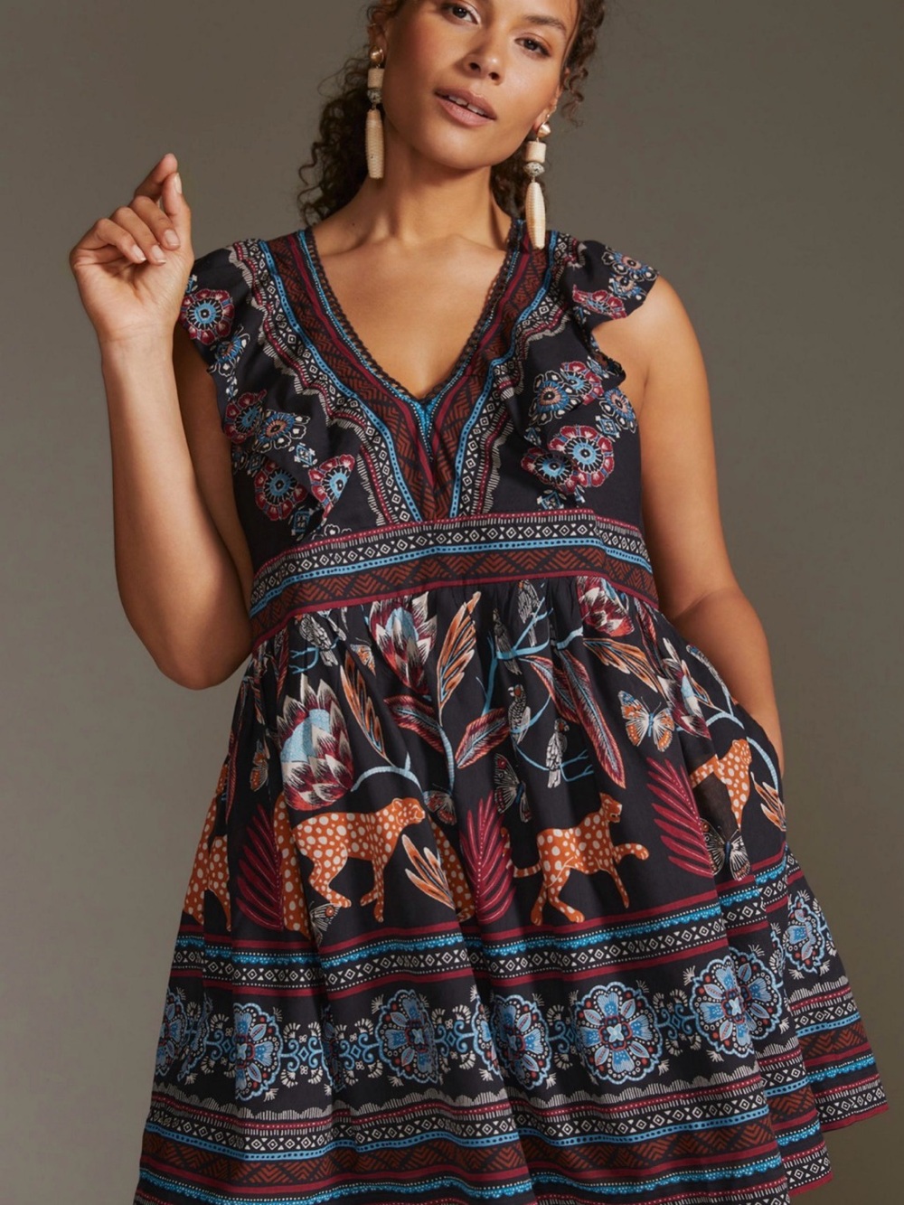 Anthropologie NWT XL Animal Print Boho Mini Dress Pockets Cheetah Birds Tassel - Picture 3 of 12